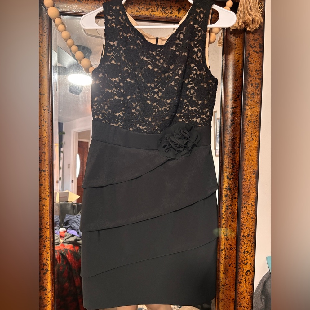 connected apparel Black Lace Bodice Tiered Midi Dress with Flower Accent